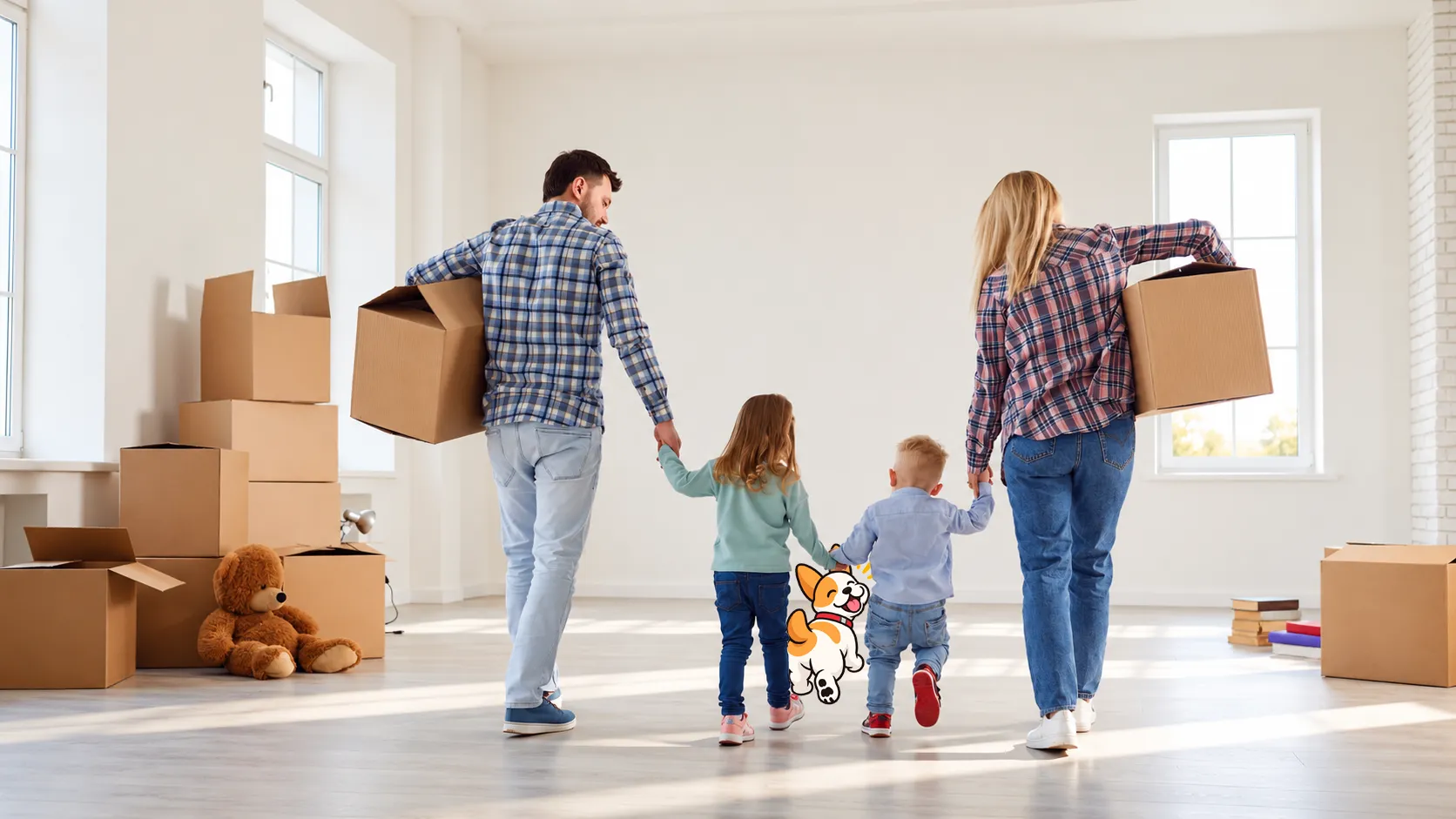 A family carrying boxes into their new home, followed by the Utility Buddies mascot