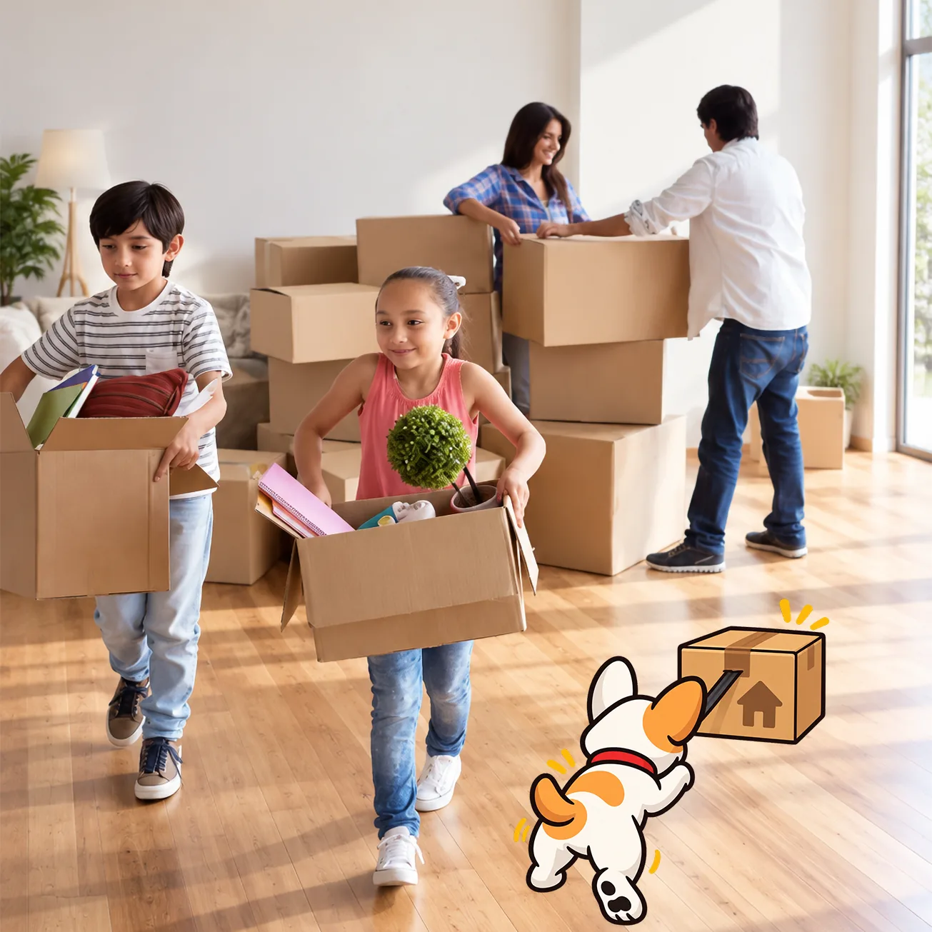 A family carrying moving boxes into their new home