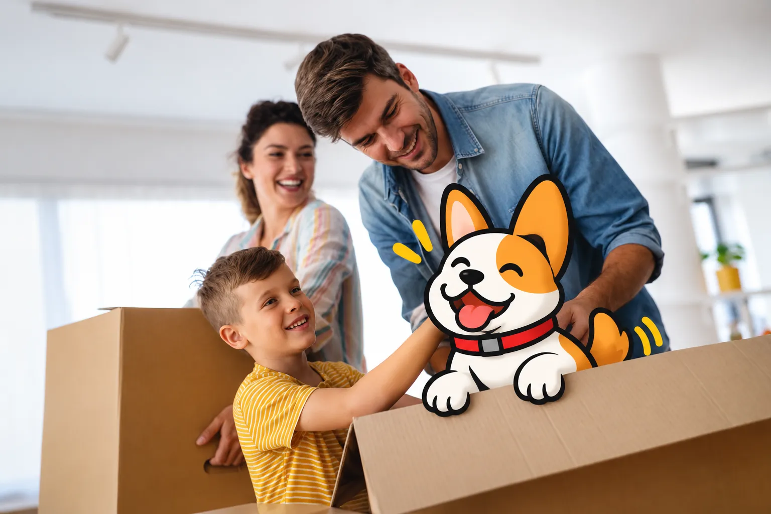 A family unpacking moving boxes with the Utility Buddies mascot
